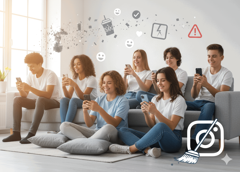 Gruppe junger Menschen nutzt Smartphones im Wohnzimmer.