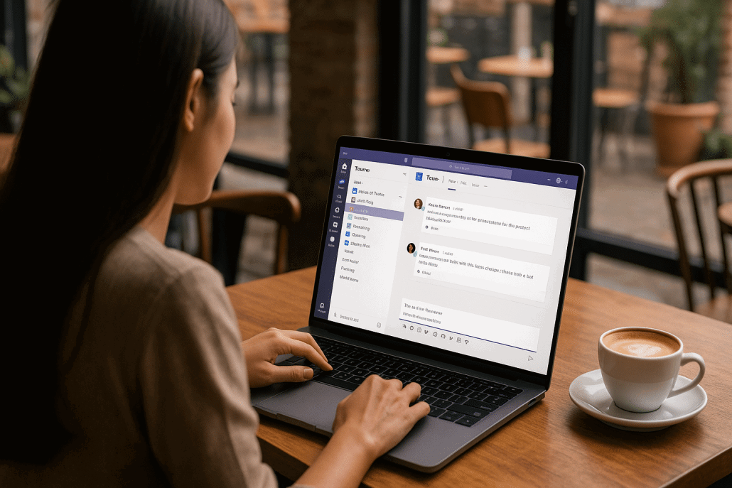 Frau arbeitet an Laptop in Café mit Microsoft Teams