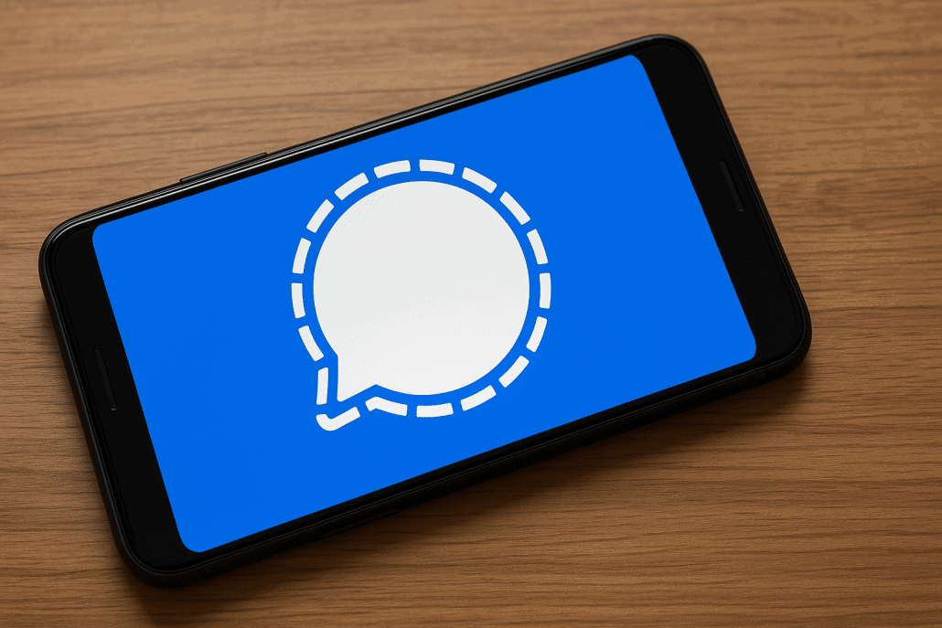 Smartphone mit Messaging-App Signal auf blauem Hintergrund.