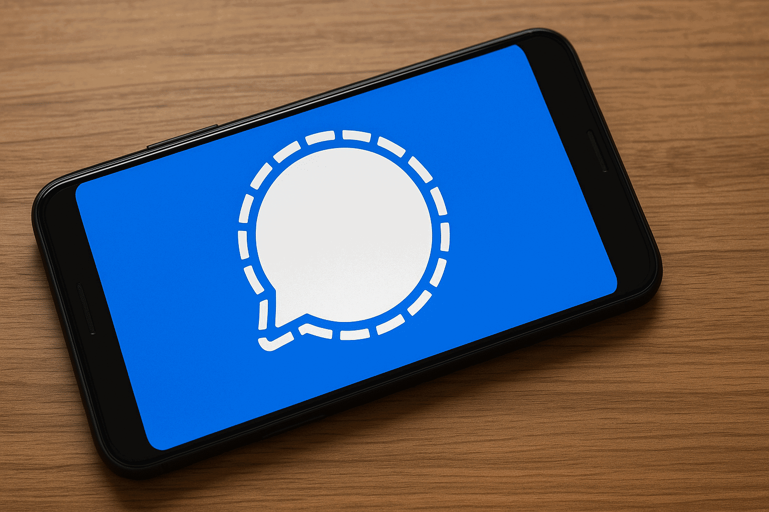 Smartphone mit Messaging-App Signal auf blauem Hintergrund.