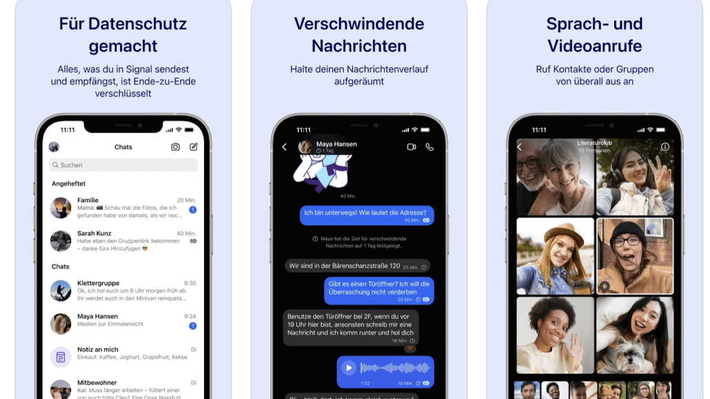 Screenshots von Signal-App Funktionen für Chats