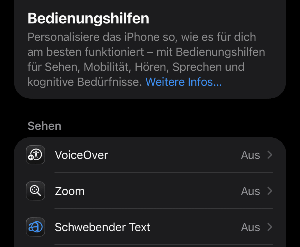 Einstellungen für Bedienungshilfen des iPhones