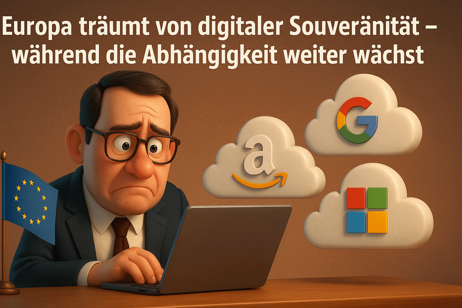 Besorgte Person mit Laptop und Cloud-Logos.