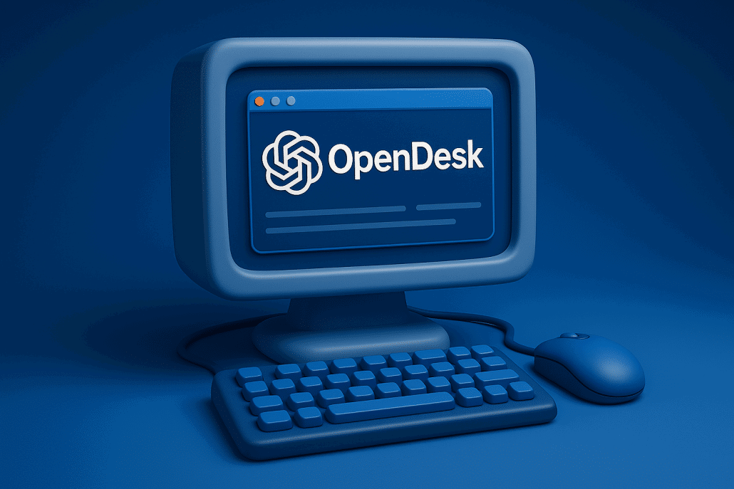 Blauer Computer mit OpenDesk-Logo auf dem Bildschirm