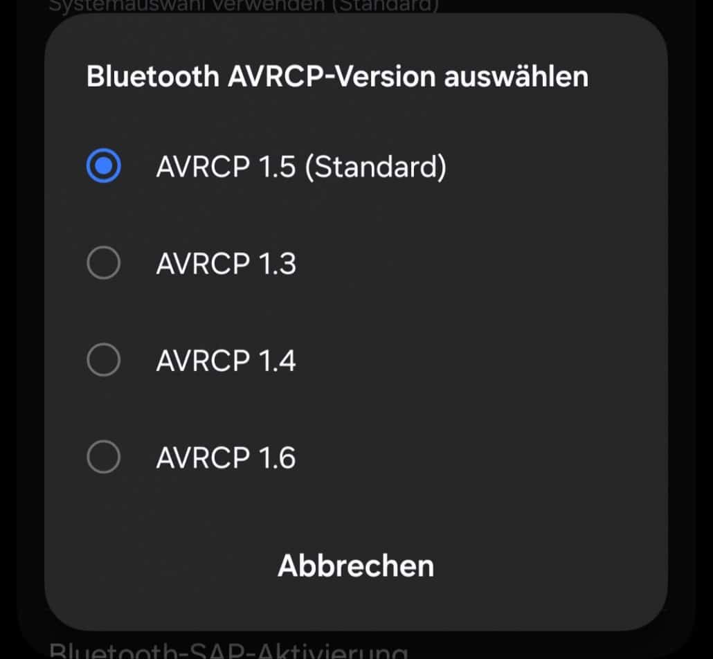 Auswahlmenü für Bluetooth AVRCP-Versionen anzeigen.