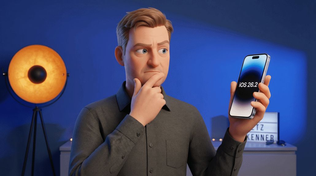 Nachdenklicher Mann zeigt auf ein Smartphone