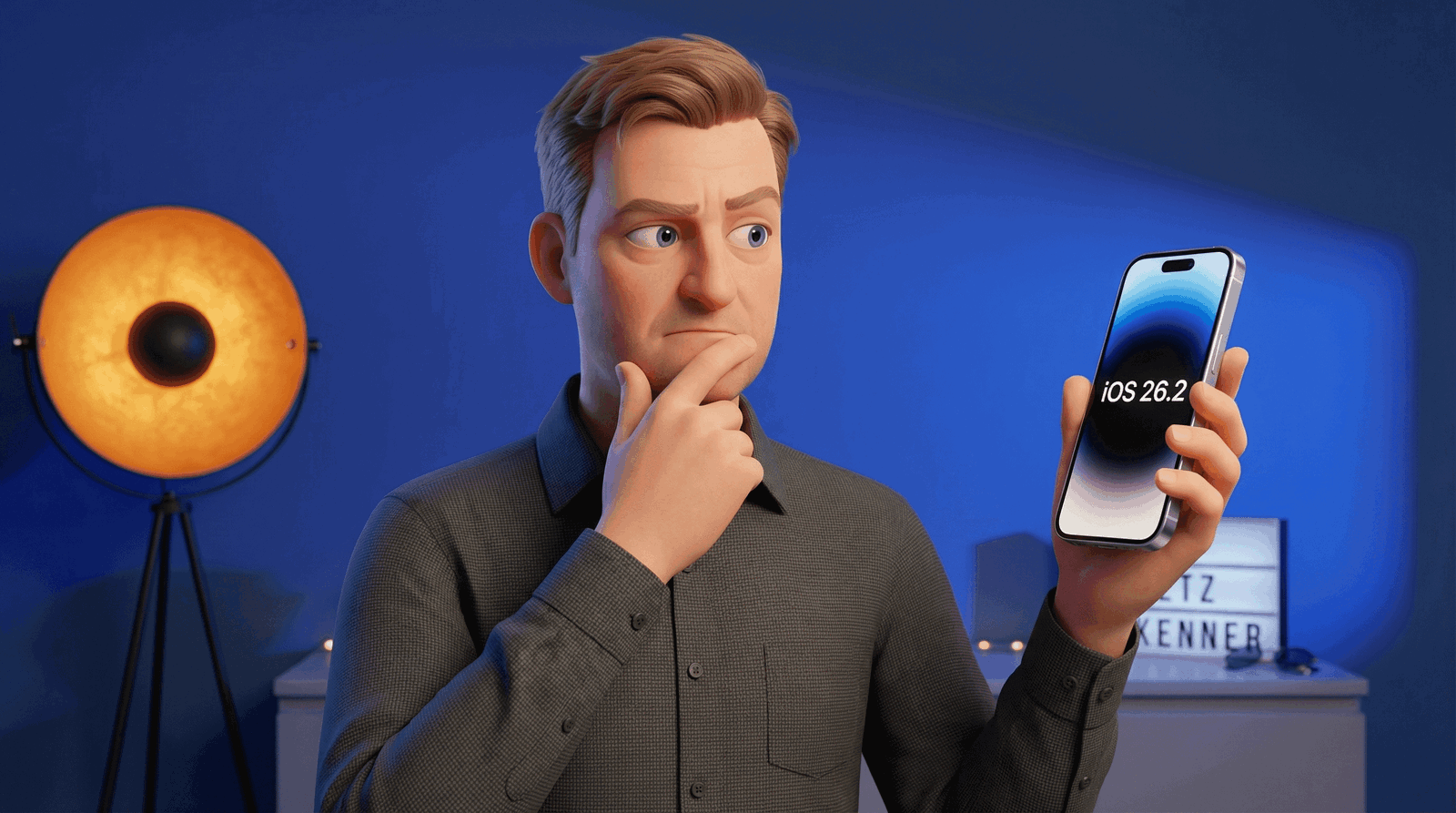 Nachdenklicher Mann zeigt auf ein Smartphone