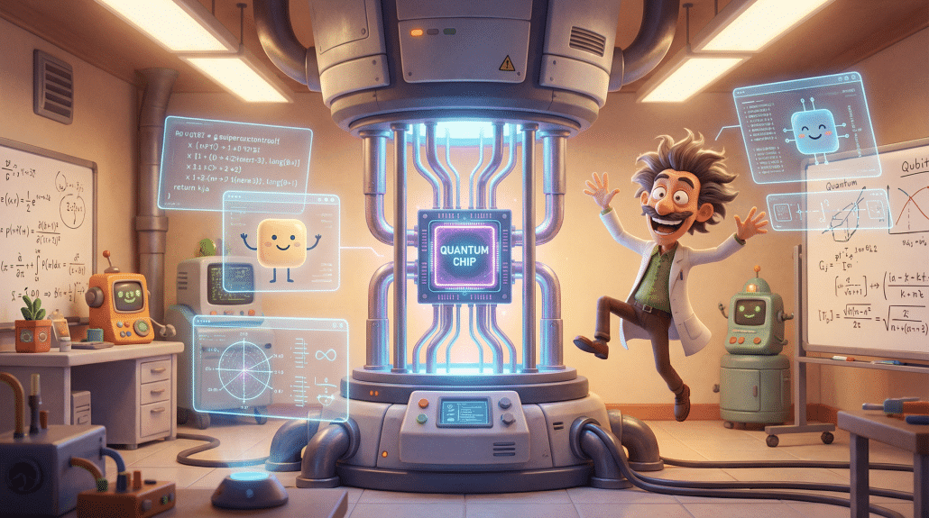 Wissenschaftler präsentiert einen Quantenchip in Laborumgebung.