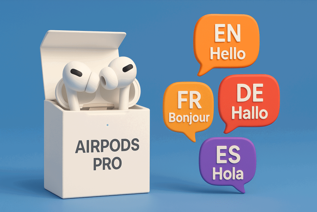 AirPods Pro mit mehrsprachigen Sprechblasen im Hintergrund