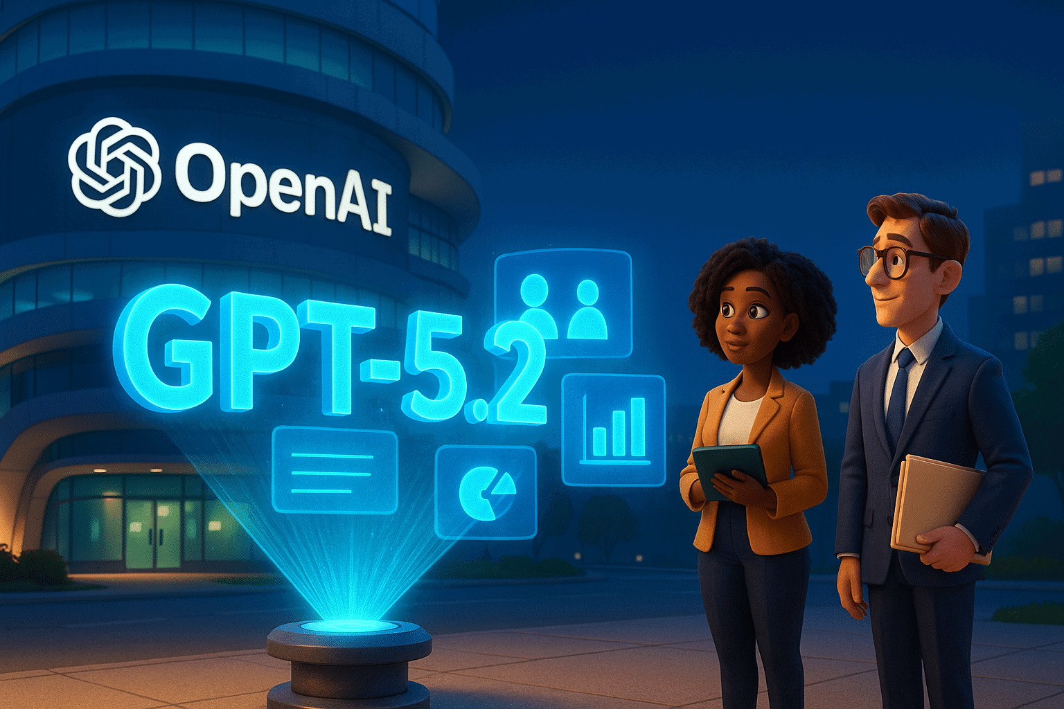 Mitarbeiter präsentieren GPT-5.2 vor OpenAI Büro.