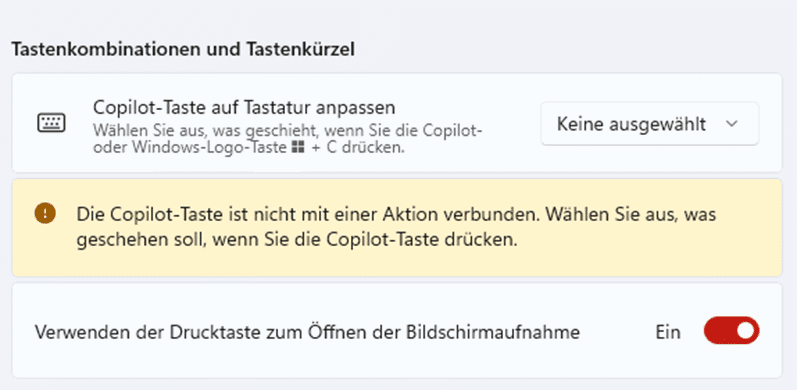 Einstellungen für Tastenkombinationen und Aktionen