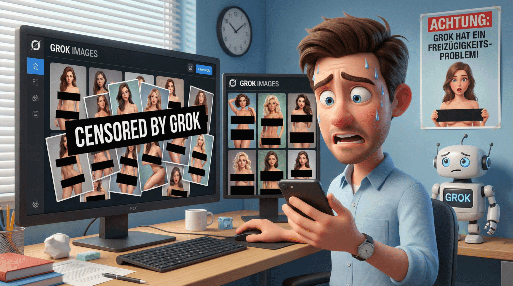 Überraschter Mann vor Bildschirmen mit zensierten Bildern.