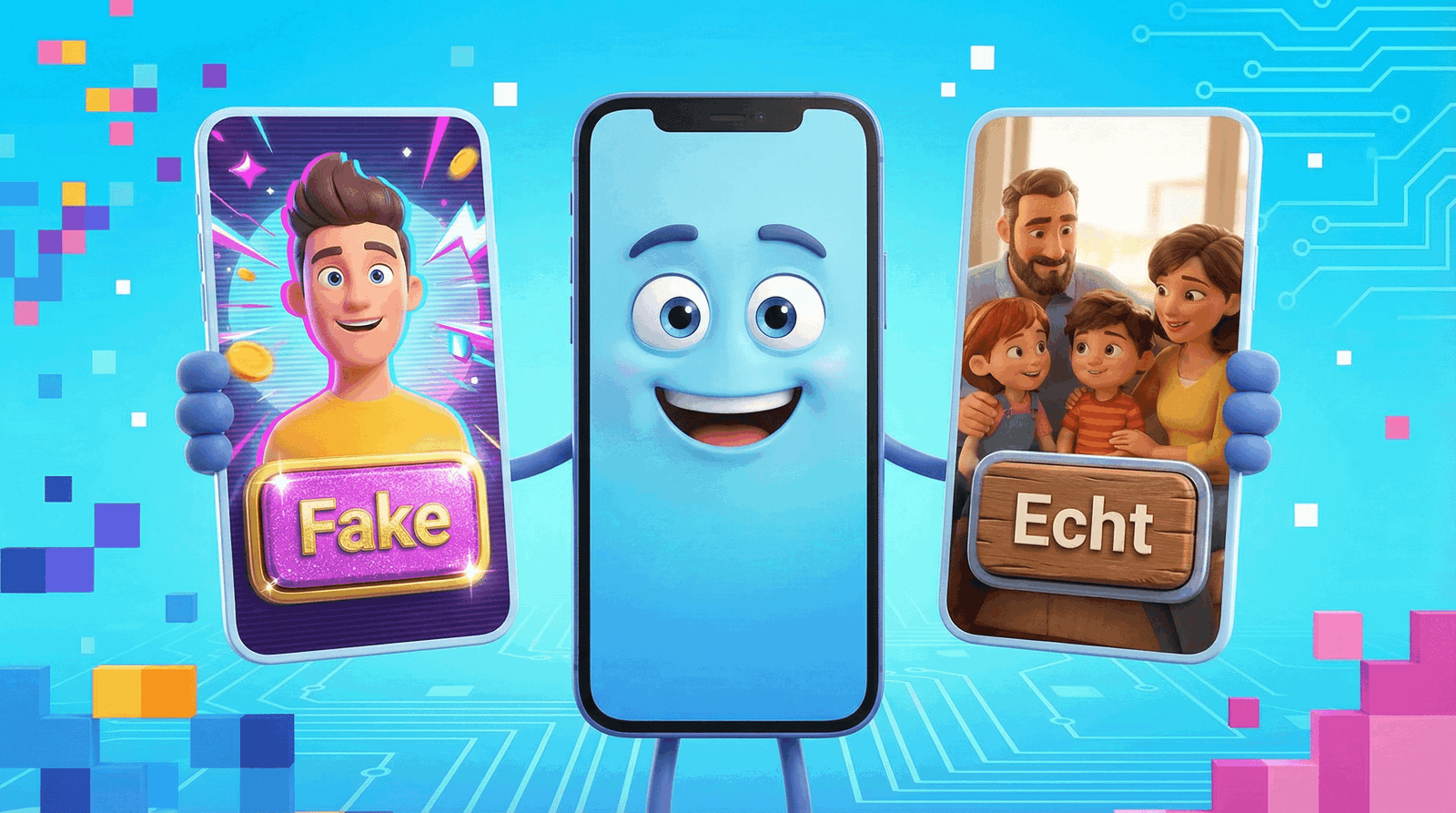 Glücklicher Charakter mit Smartphone, Fake vs. Echt