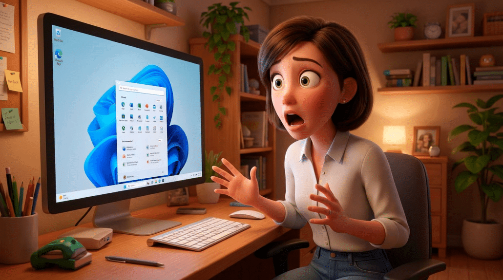 Überraschte Frau am Computer mit Windows-Oberfläche.