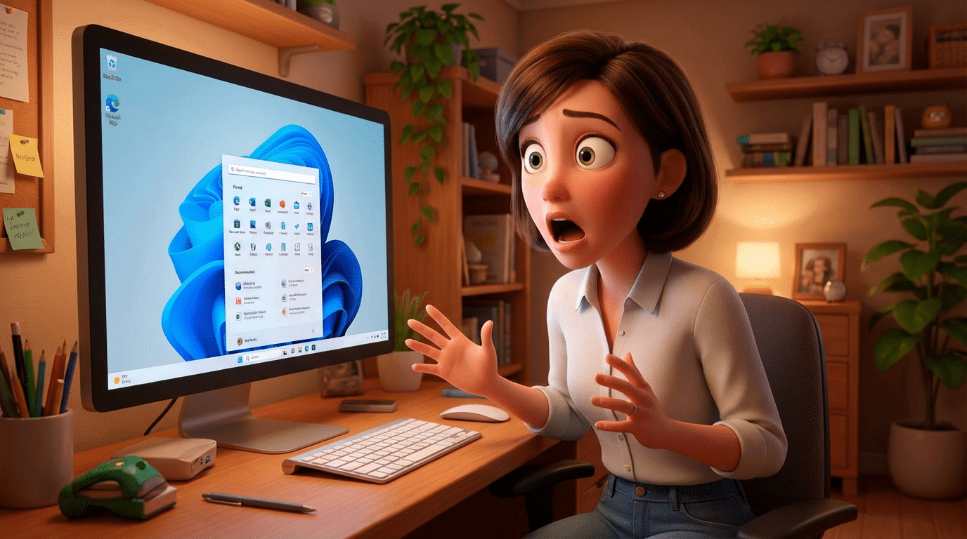 Überraschte Frau am Computer mit Windows-Oberfläche.