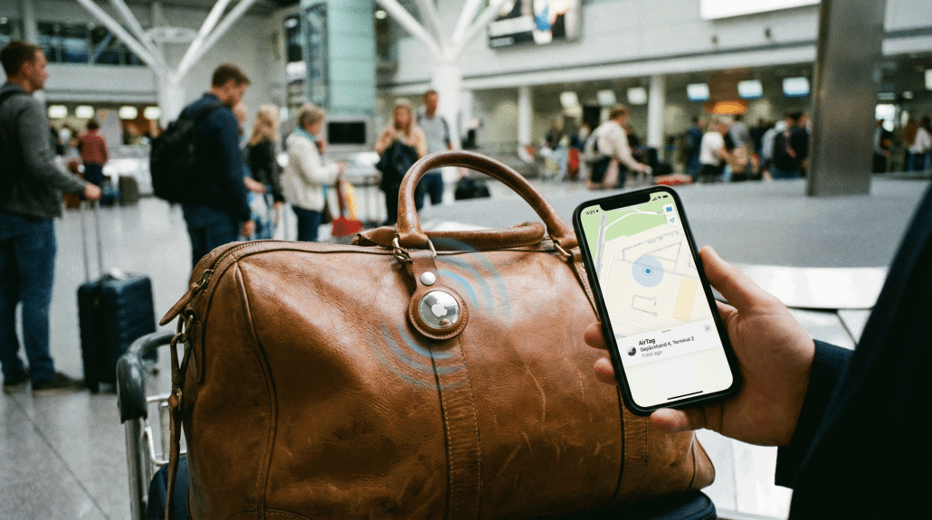Person am Flughafen mit Gepäck und Handy.