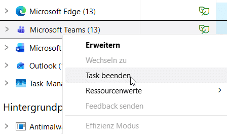 Microsoft Teams Task beenden Menüansicht