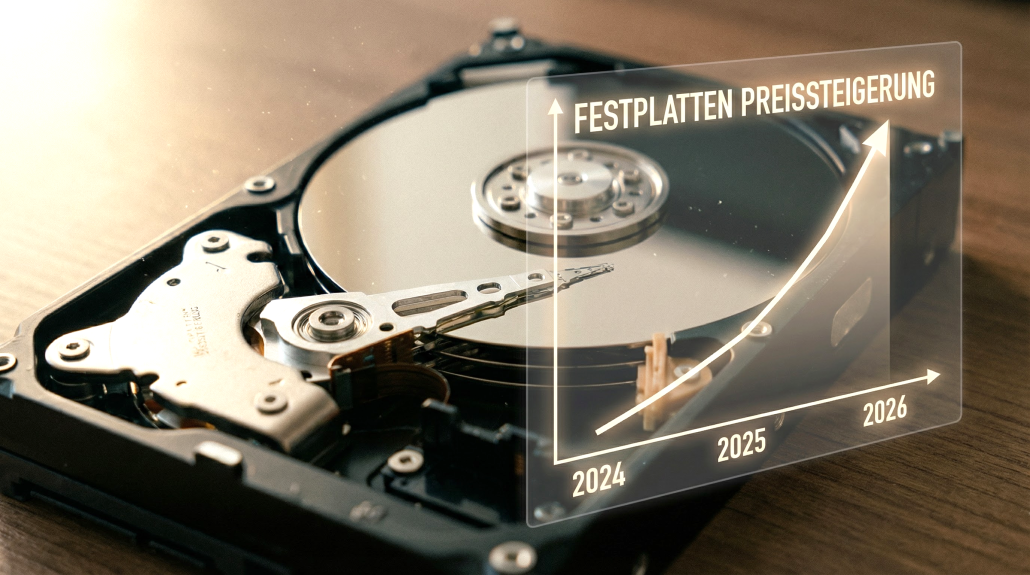 Festplatte mit Preisanstiegskurve von 2024 bis 2026.