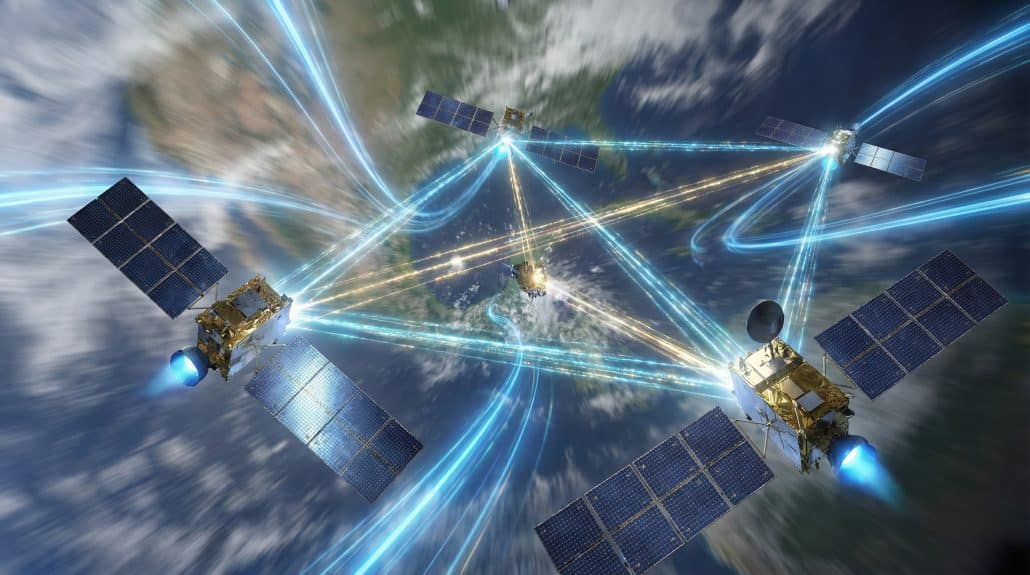 Die Satelliten tauschen per Laserstrahl Daten aus und so entsteht ein Netzwerk