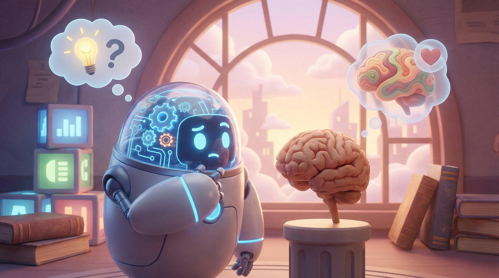 Roboter denkt über Gehirn und Ideen nach.