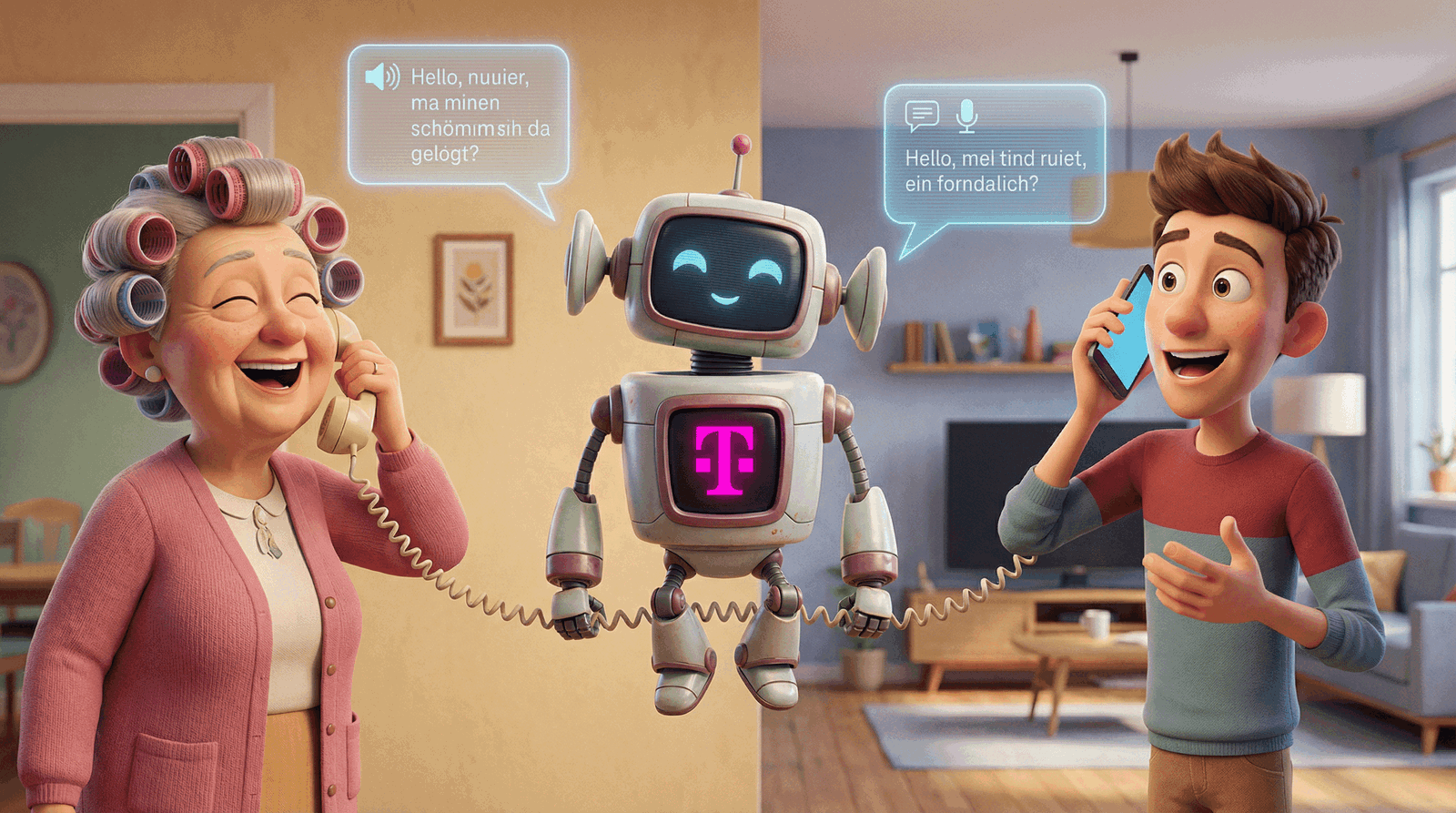 Oma und Enkel sprechen über einen Roboter.