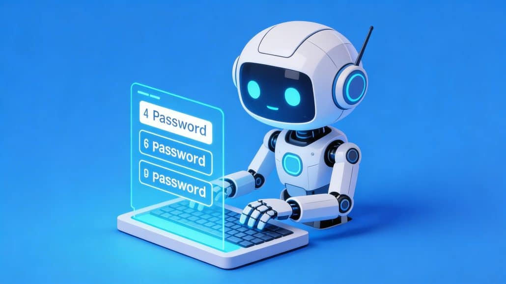 Roboter gibt Passwörter auf einem Computer ein.