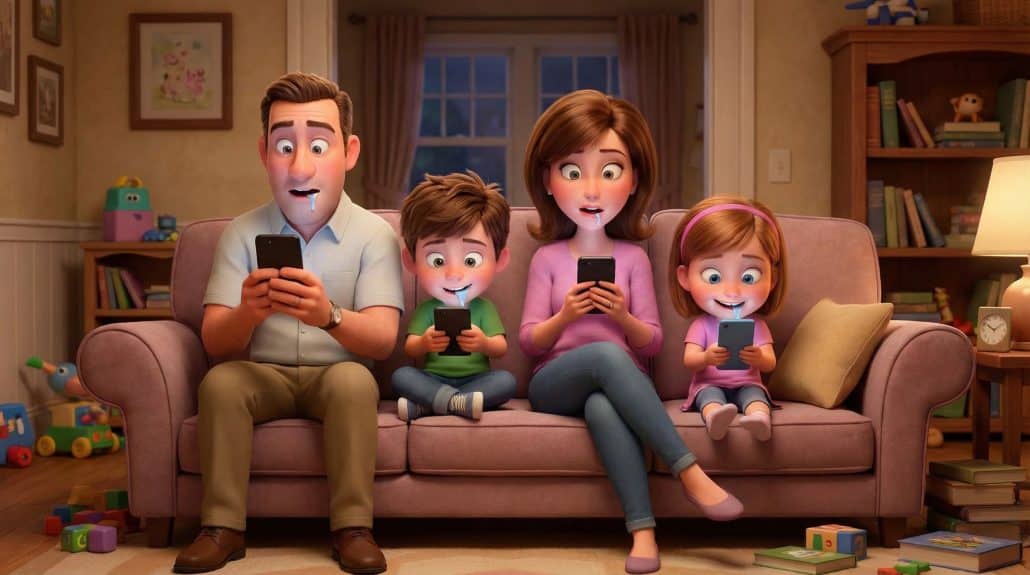 Familie nutzt Handys auf der Couch