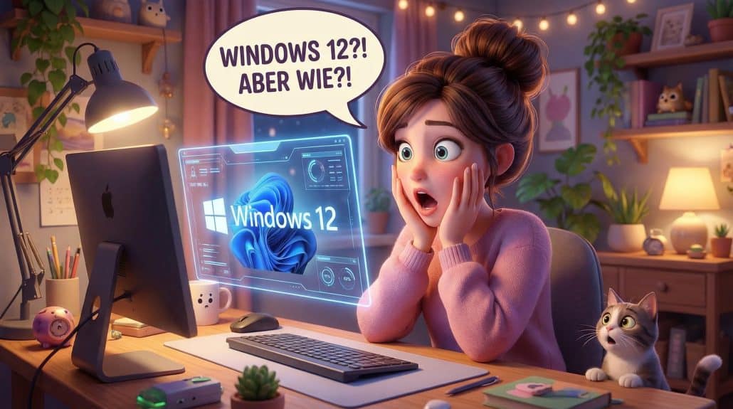 Überraschte Frau entdeckt Windows 12