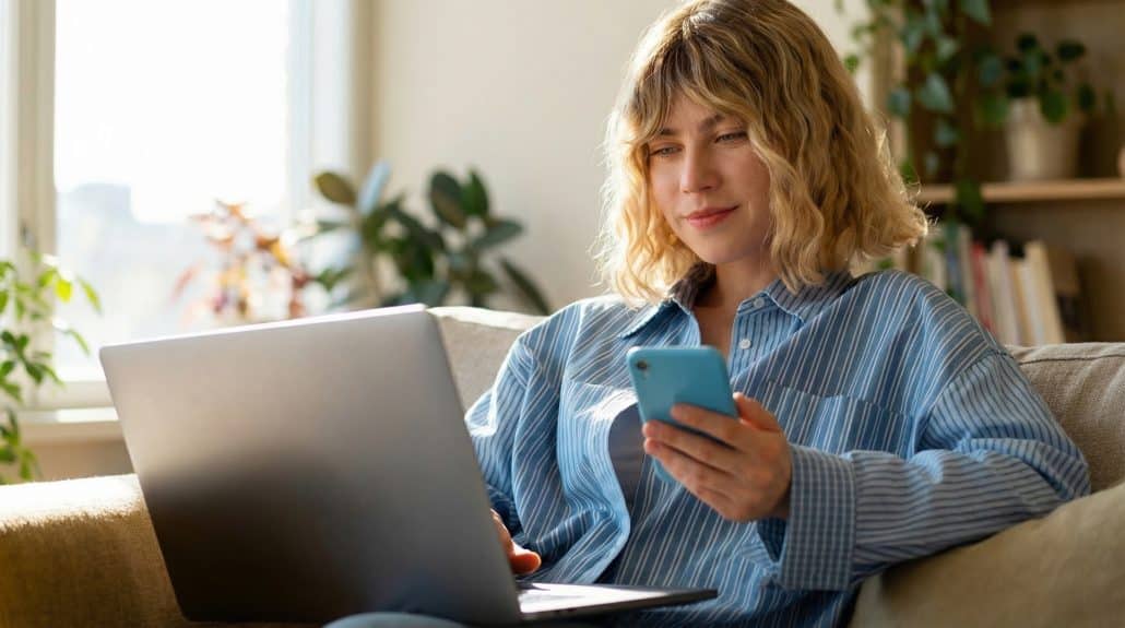 Frau mit Laptop und Smartphone im Wohnzimmer