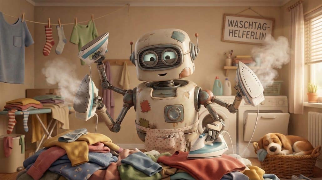 Roboter bügelt Wäsche in Wohnraum