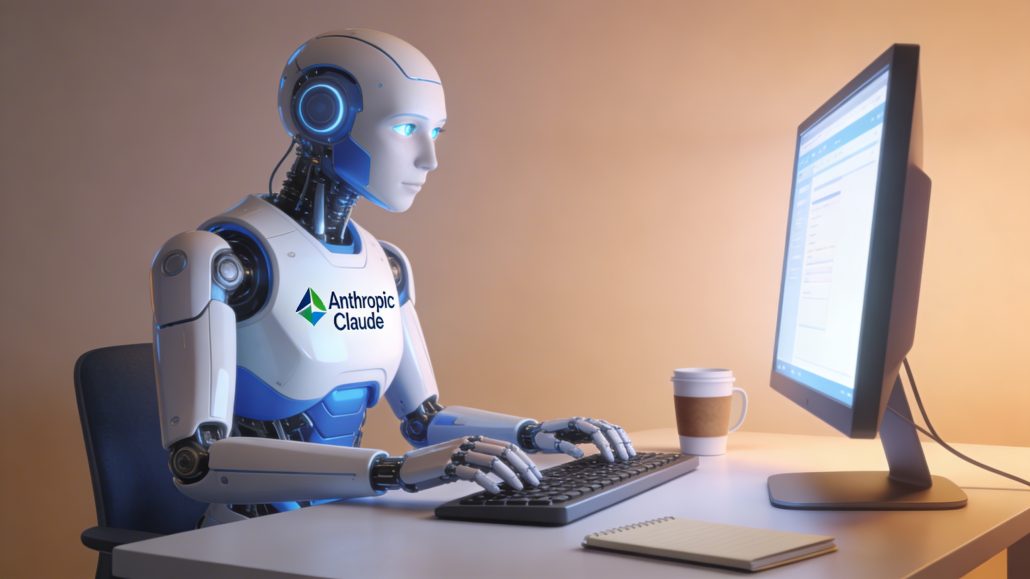 Roboter am Computer mit Kaffeebecher