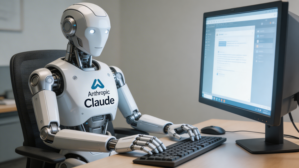 Roboter am Computer mit Anthropic-Logo