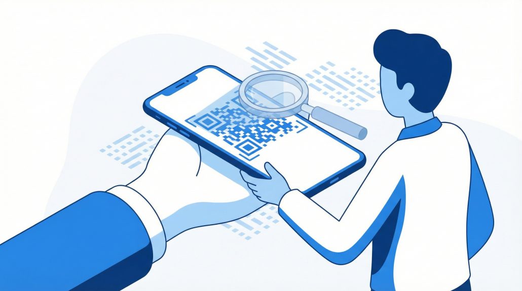 Person scannt QR-Code auf Smartphone.