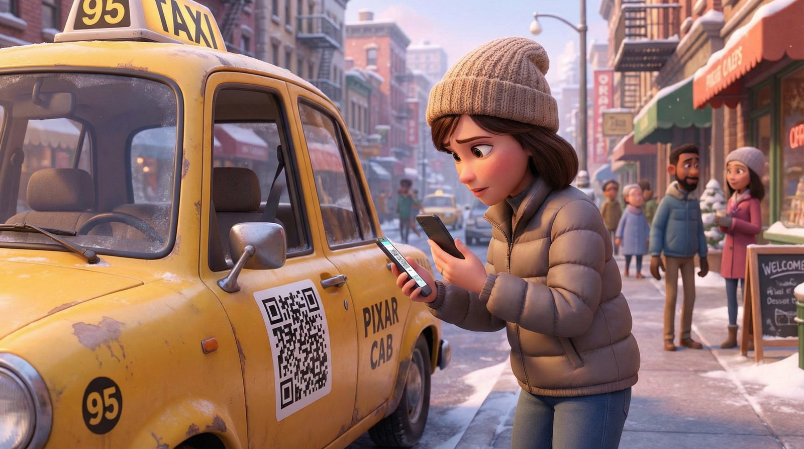 hf 20260326 121817 cfb989c9 e358 4938 9614 f98fb2e1a166 Junge Frau nutzt ihr Smartphone neben Taxi