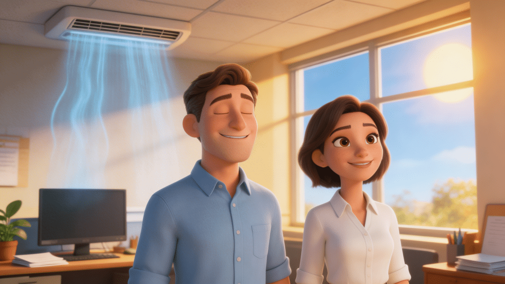 Zwei Personen in einem Büro lächeln.