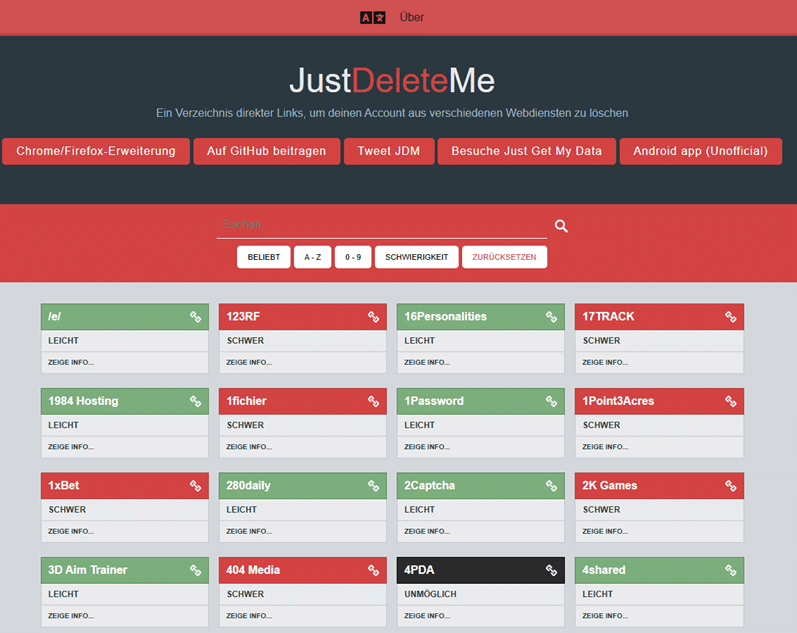 Webseite zur Löschung von Konten