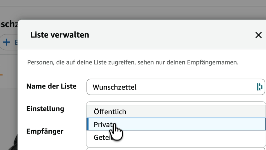 Liste verwalten mit Einstellungen und Empfängern