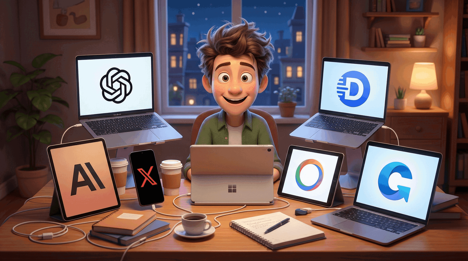 Junger Mann mit mehreren Geräten am Schreibtisch