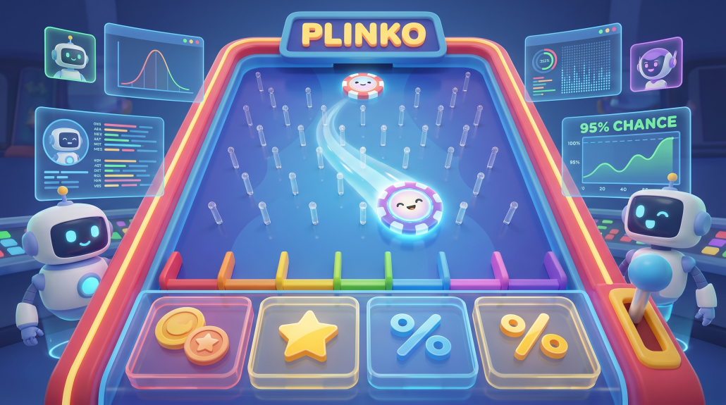Buntes Plinko-Spiel mit Robotern und Diagrammen
