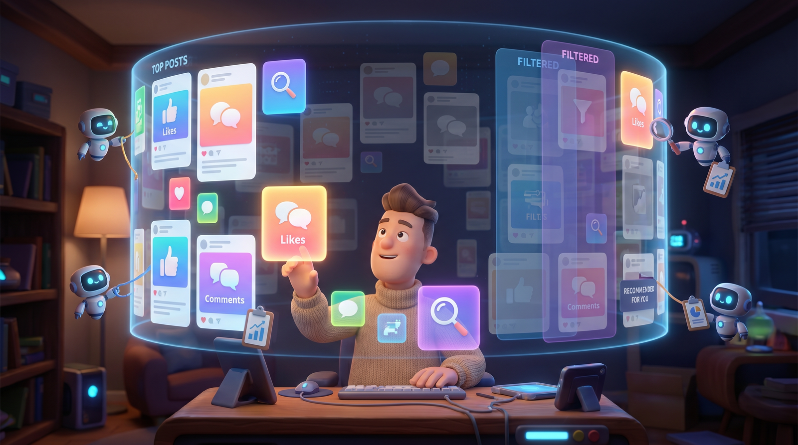 hf 20260421 134634 09cf51d9 764b 49b7 8444 7669ecffd3d1 Mann mit holografischer Social-Media-Oberfläche und Robotern