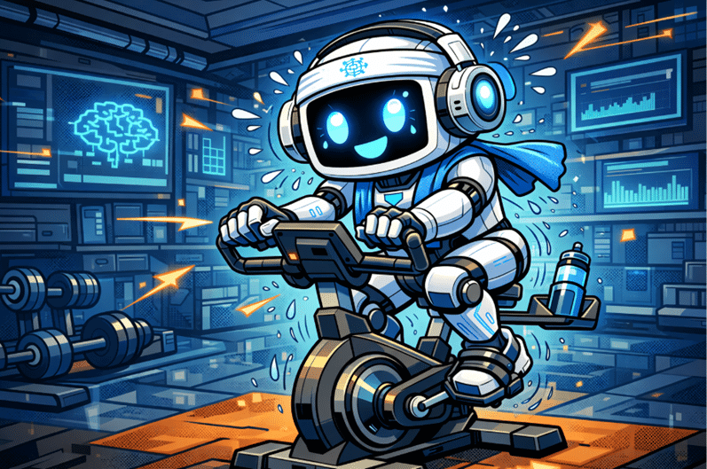 Cartoon-Roboter trainiert auf Heimtrainer im Hightech-Labor