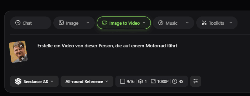 Screenshot einer Image-to-Video-Oberfläche mit Einstellungen