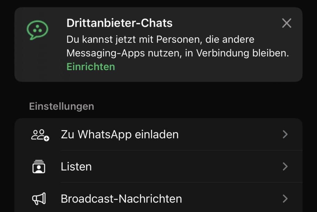 WhatsApp Einstellungen mit Hinweis zu Drittanbieter-Chats