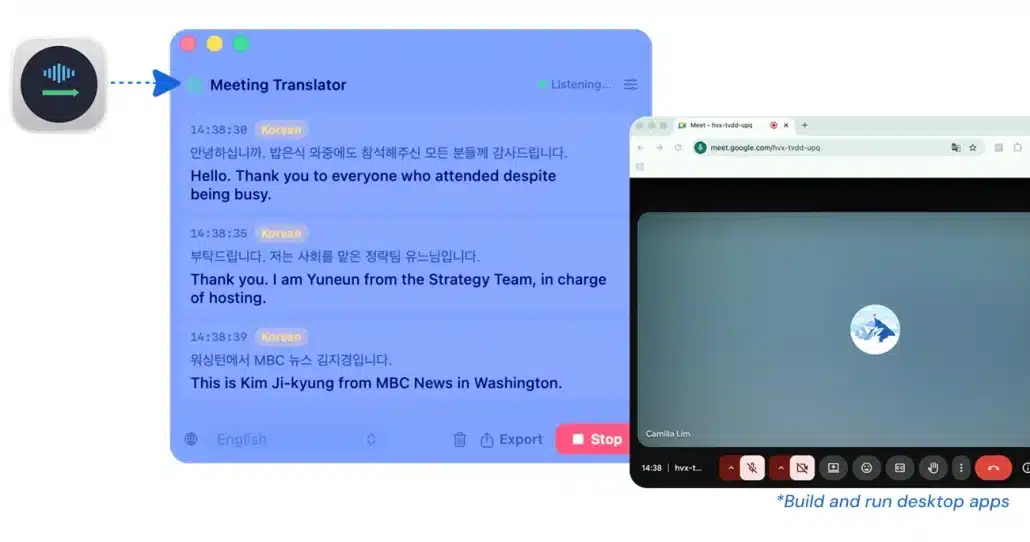 Meeting-Übersetzer-App neben Google-Meet-Fenster