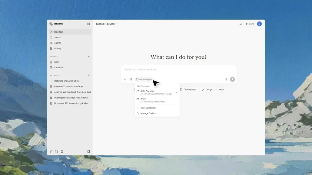 Software-Dashboard mit Aufgabenverwaltung und Datenanalyse-Menü