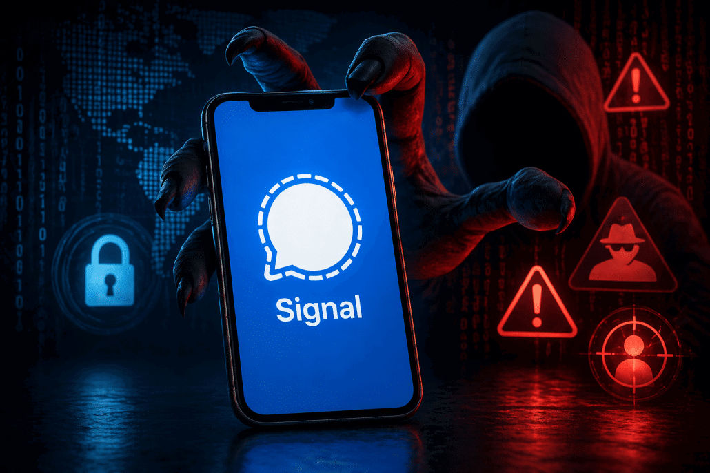 Hacker hält Smartphone mit Signal-Logo