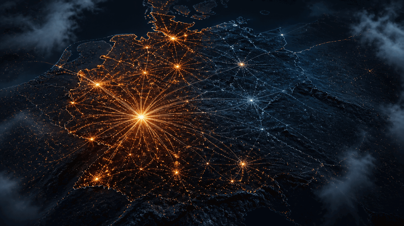 Deutschlandkarte mit leuchtenden Netzwerkverbindungen bei Nacht