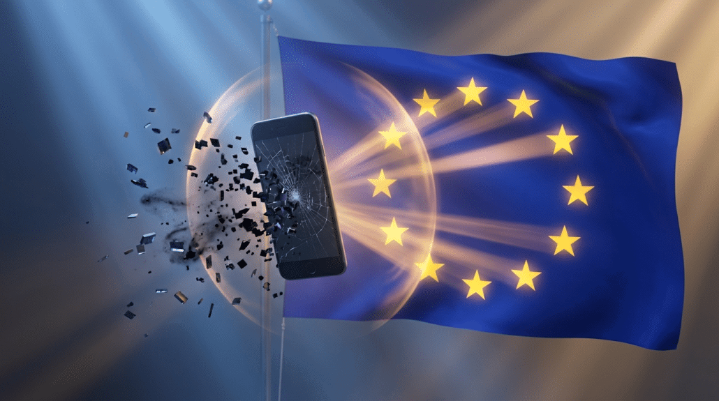 Zerbrechendes Smartphone vor EU-Flagge mit Schutzschild