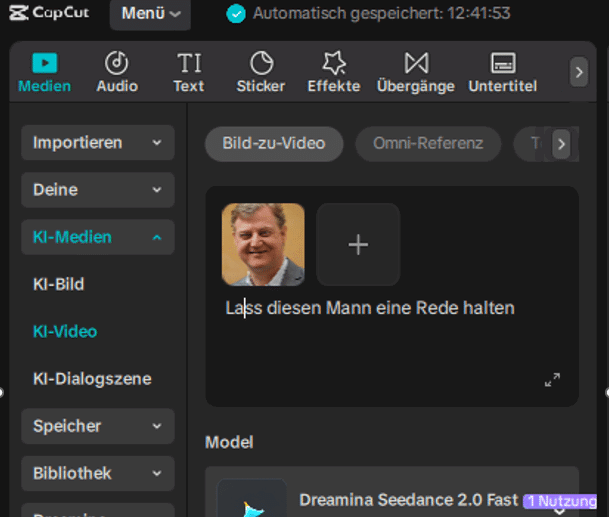 CapCut KI-Video Oberfläche mit Porträt und Texteingabe