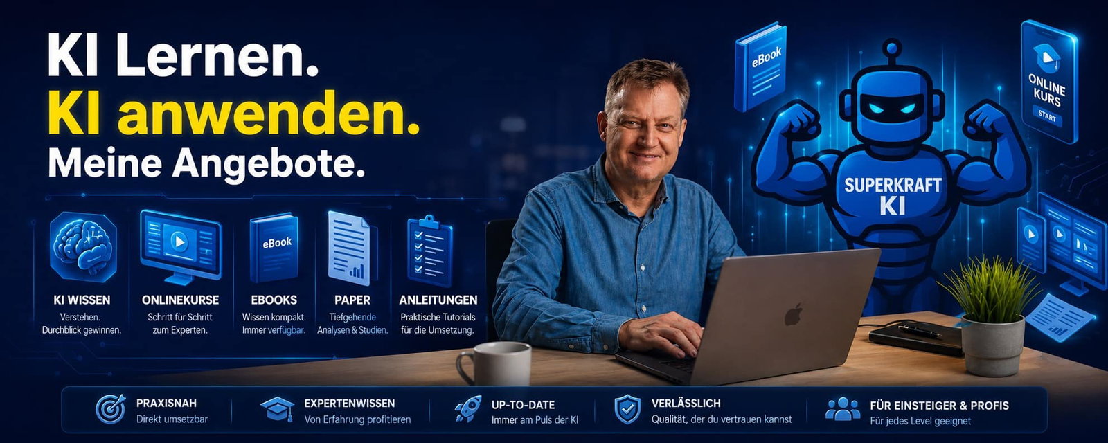 Mann arbeitet am Laptop mit KI-Angeboten